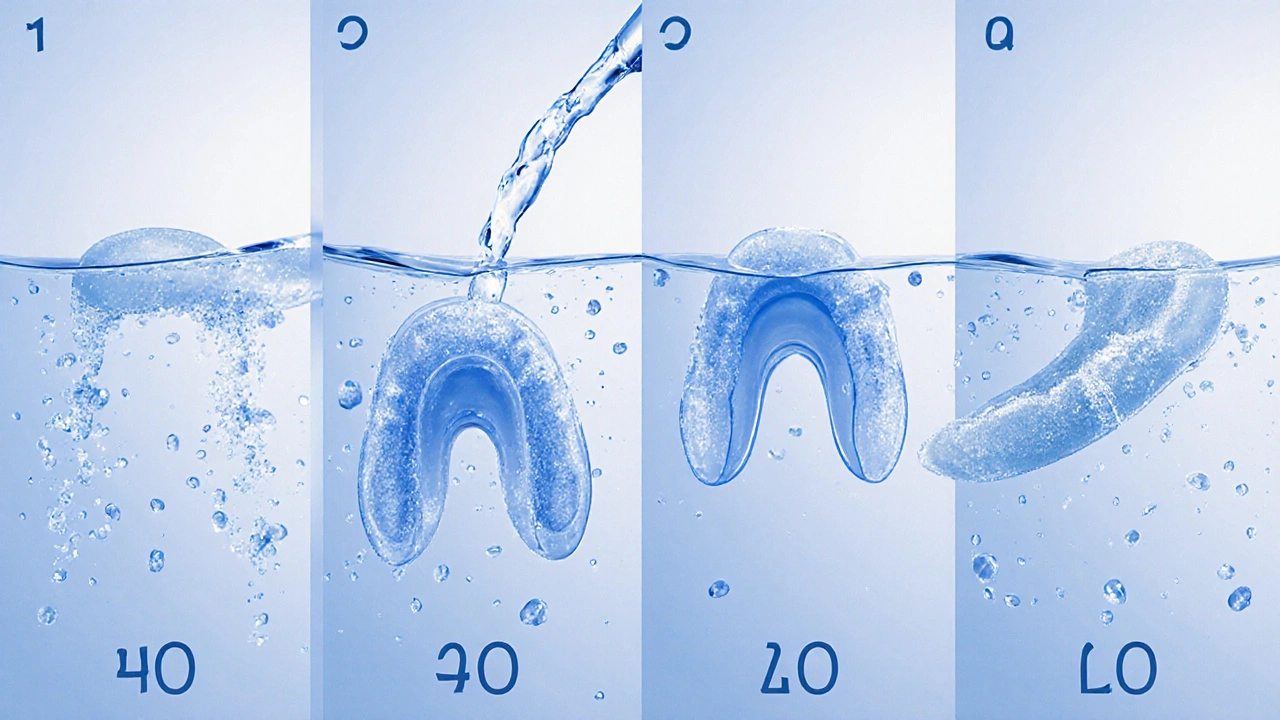Protéza se potápí ve vodě, kde se aktivuje lepidlo Corega.