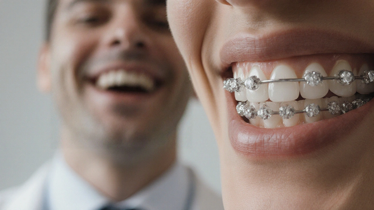 Průhledné ortodontické štětce na vnitřní straně zubů při klinickém osvětlení.