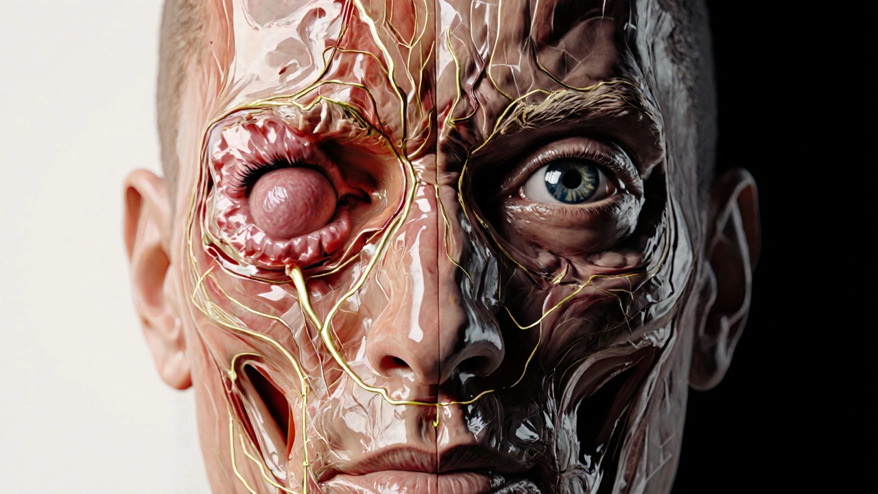 Průhledný obličej s nádorem rozšiřujícím se do oční jamky a čelisti.