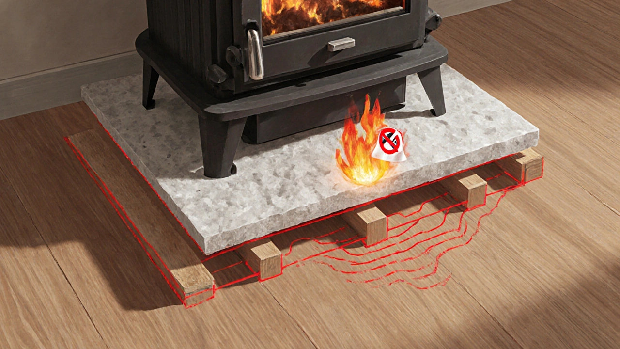 Průřez podlahy s ochrannou žárovzdornou deskou pod kamny, odstraňující nebezpečí přehřátí dřevěných trámů.