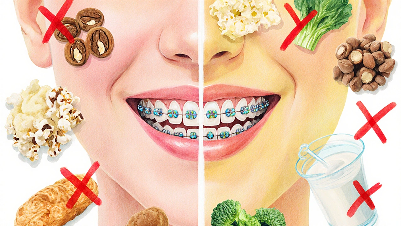 Rozdělený obrázek zakázaných a bezpečných potravin pro nositele rovnátek