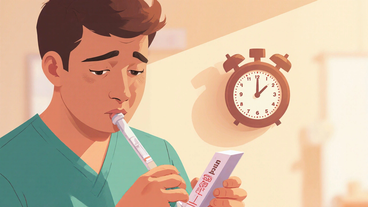 Rychlý test na streptokoky během vyšetření hrtanu, člověk drží testovací sada.