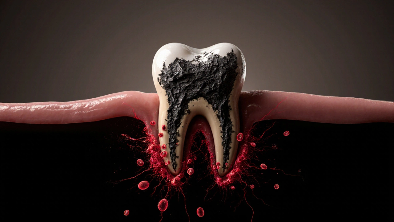 Schematický obraz zubního kamene a zánětu pod dásní