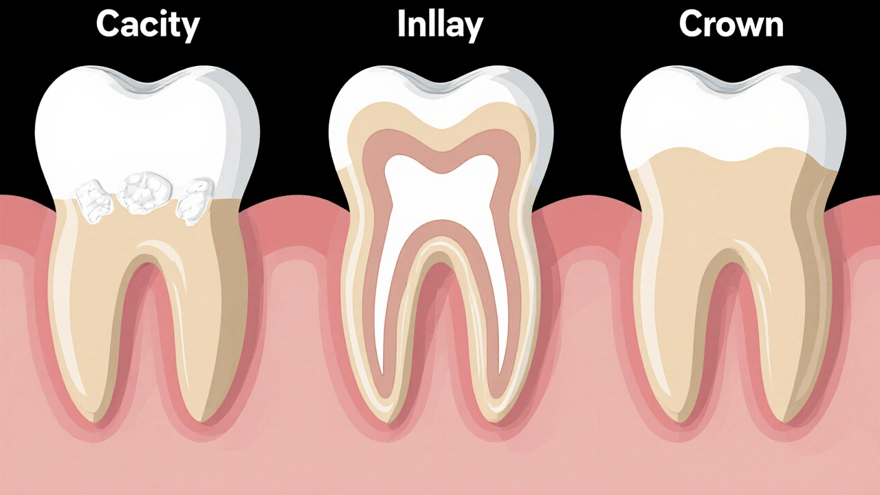 Srovnání plomby, muštičky a korunky na řezu zubu – postupné opravy poškození.