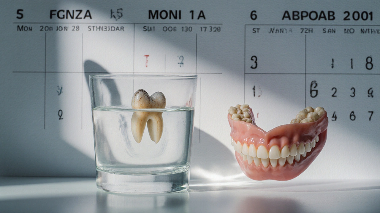 Stará a nová zubní náhrada v sklenici s vodou.