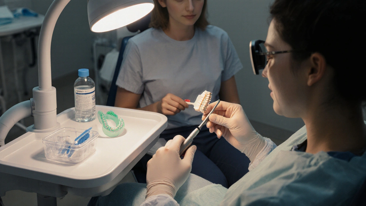 Stomatolog pečlivě prohledává poškozené keramické rovnátko v klinice.