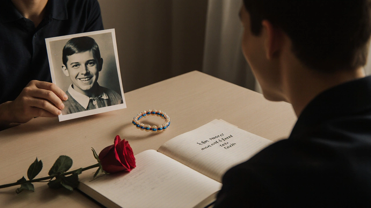 Therapy session with a person holding an old photo of childhood smile, braces on the table.
