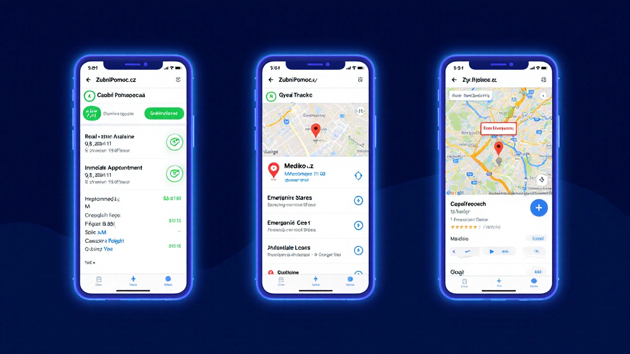 Tři obrazovky mobilu s aplikacemi pro hledání okamžitých zubních termínů v Praze.
