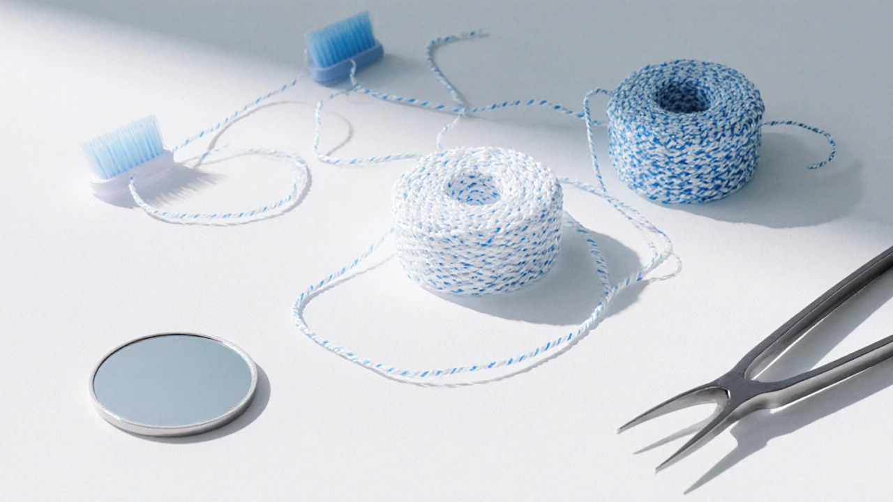 Tři typy mezizubních nítí leží na bílém pozadí s dentálními nástroji.