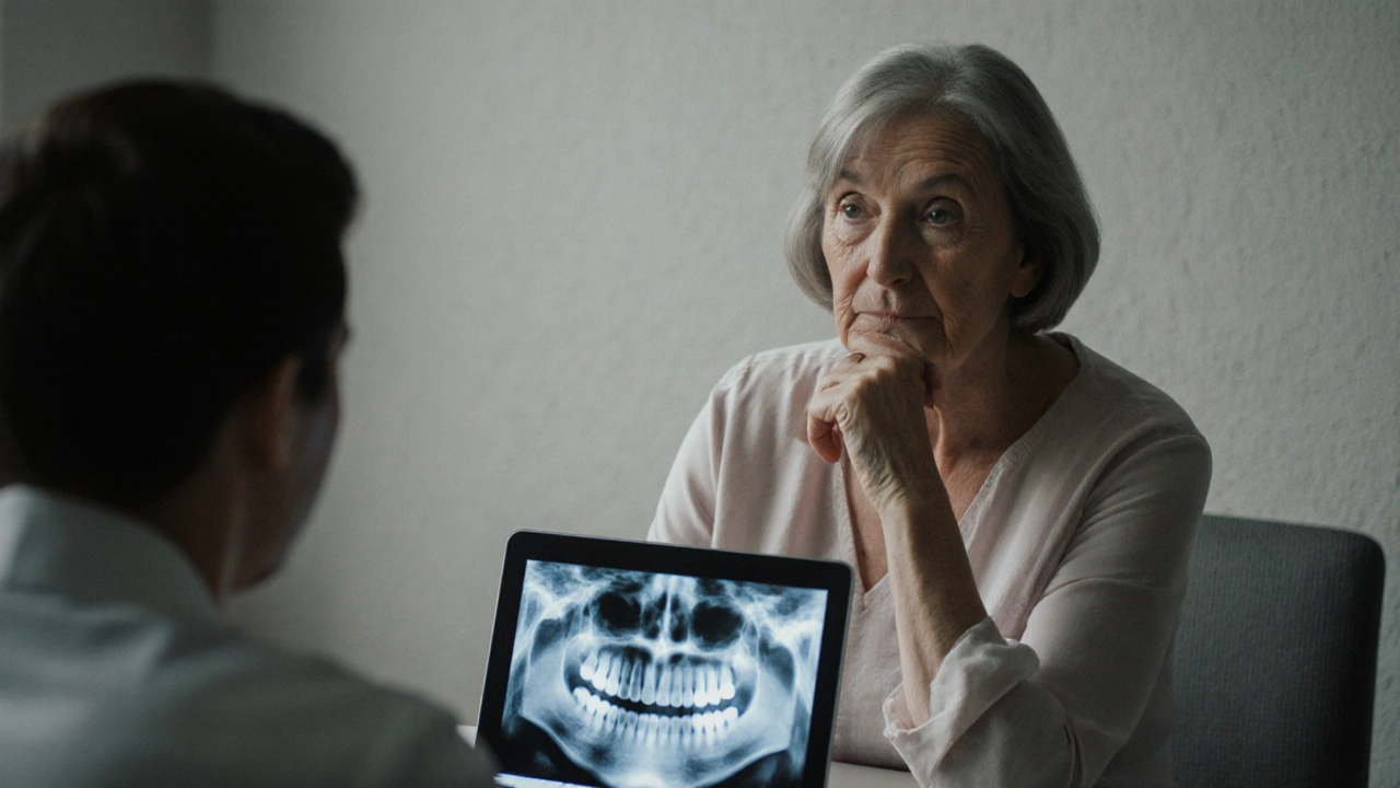 Žena na konzultaci u ortodonty, na stole rentgen zubů, výraz rozhodnosti a úzkosti.