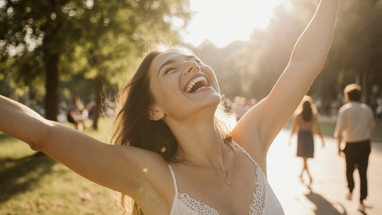 Žena se směje na slunci, s ortodontickými dráty, v pozadí park a světlo západu.