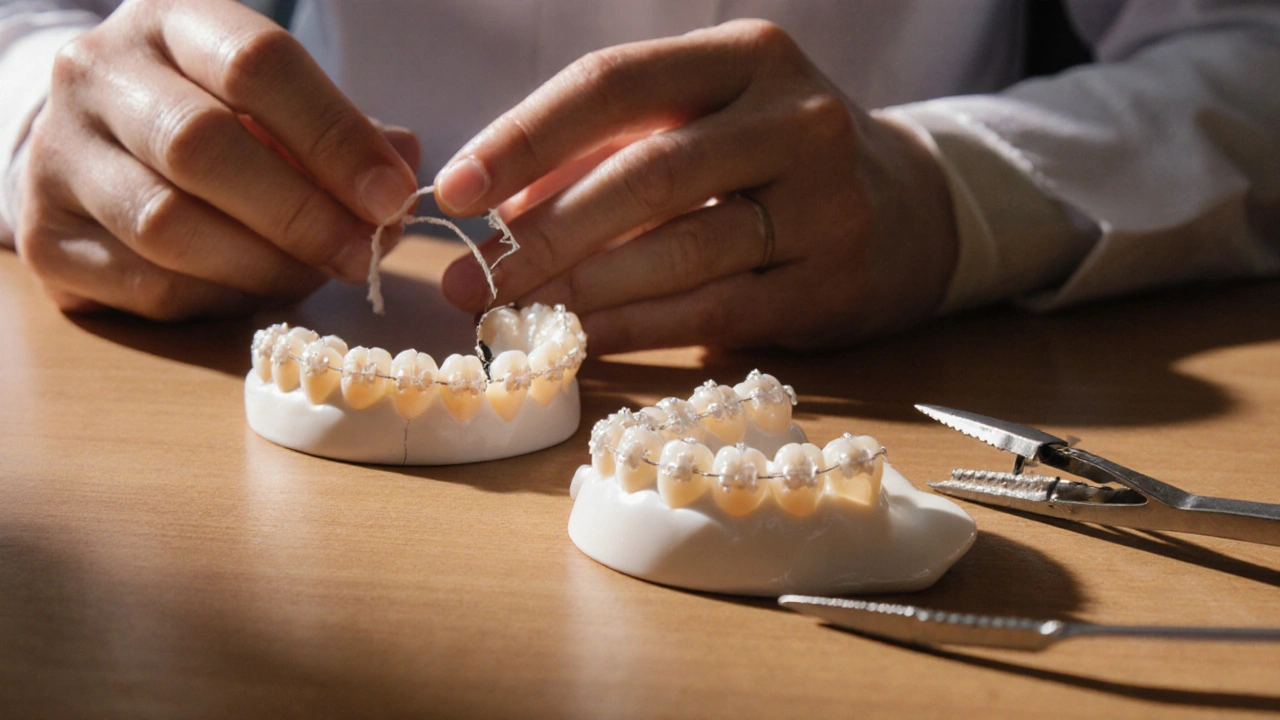 Zlomené keramické rovnátko vedle celého a ortodontských nástrojů.