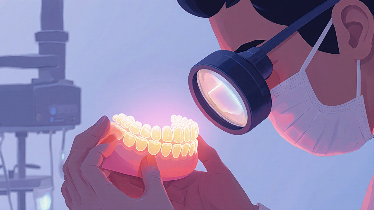 Zubař používá digitální fólii k analýze tlaku na dásně.