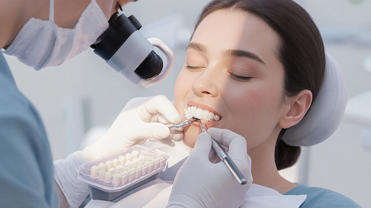 Zubař při aplikaci tenké keramické veneery na zub s přesnými nástroji v klinice.