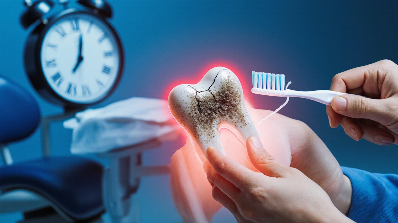 Zubní kámen na zubu s bakteriální infekcí a symbolickým časem zanedbávání.