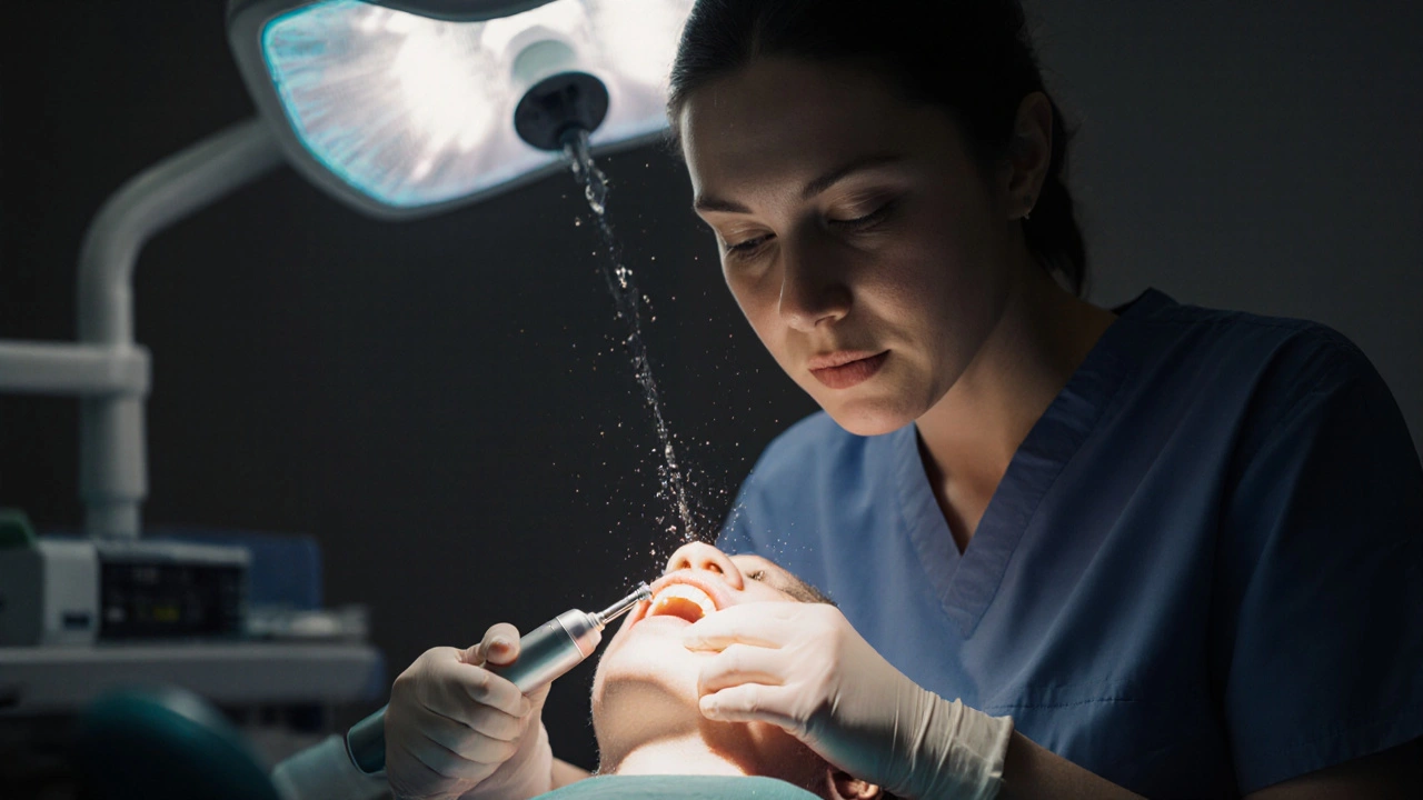 Zubní lékař odstraňuje kámen pod dásní ultrazvukovým nástrojem