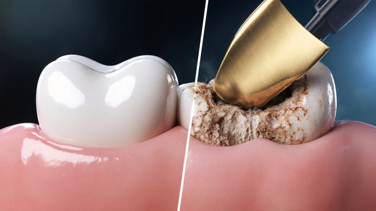 Zvětšený pohled na zdravý zub a zub s karié, s muštičkou jako ochranou před dalším poškozením.