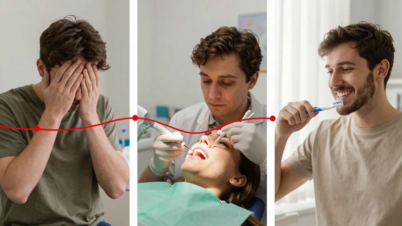 Časová osa: strach, léčba a domácí péče po kyretáži zubů.