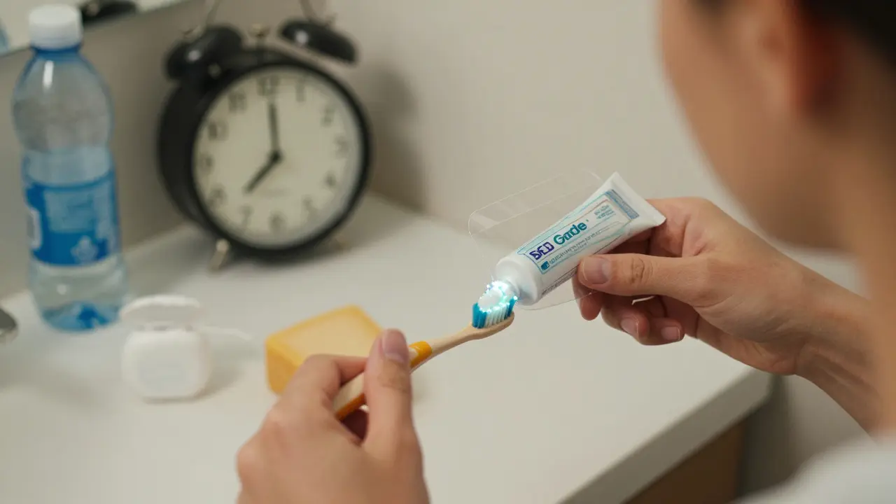 Člověk čistí zuby dvě minuty fluoridovou pastou s viditelným ochranným účinkem.