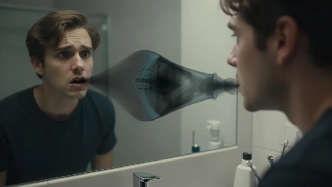 Člověk hledí do zrcadla, zatímco mezi zuby se objevují neviditelné stíny kazů.