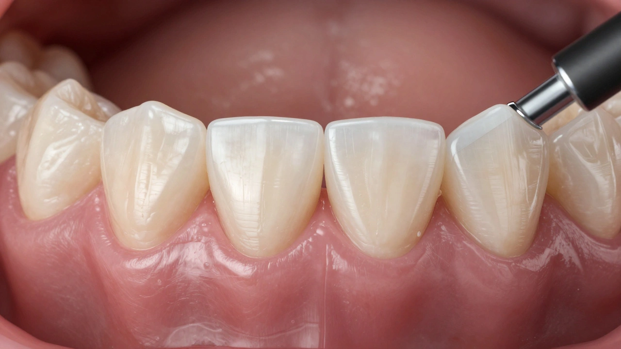 Detailní porovnání přirozeného zubu a keramické fazety pod zvětšením.