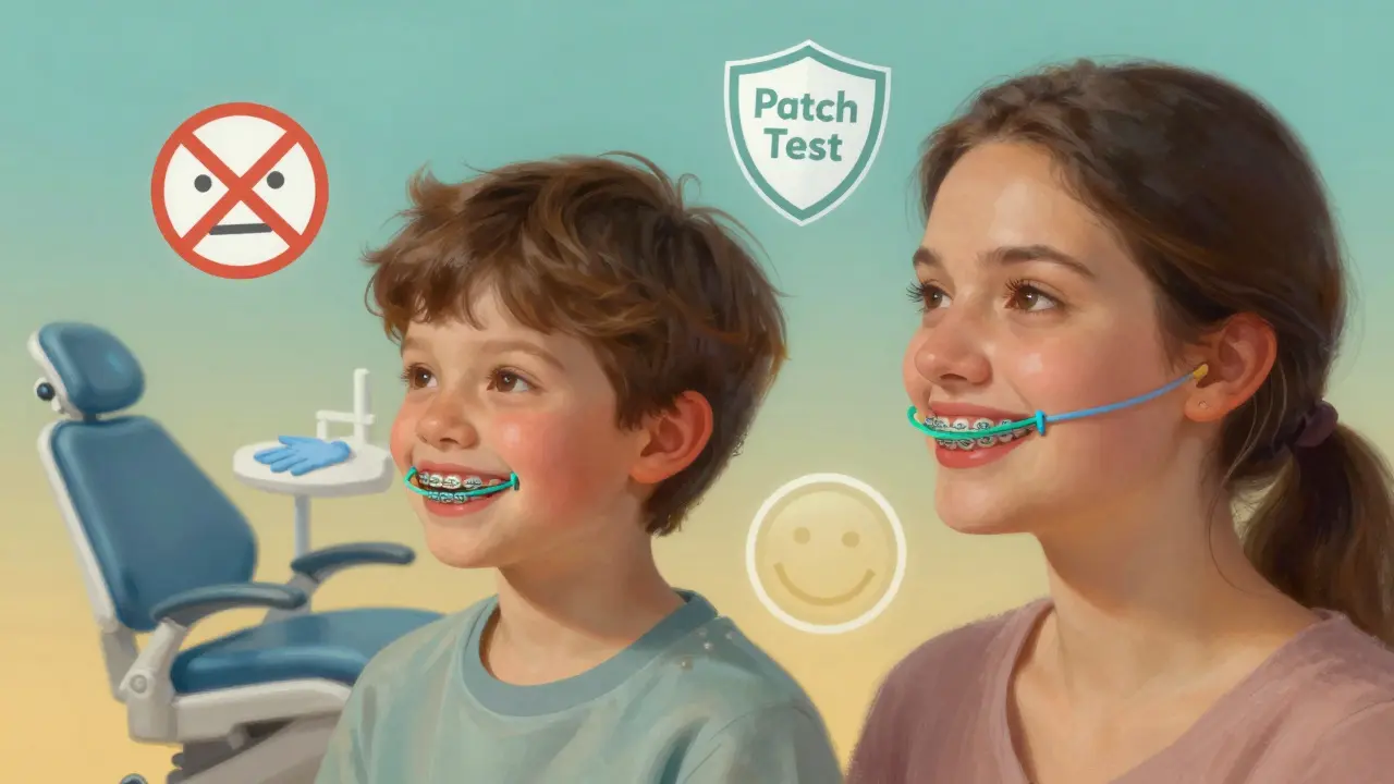 Dítě a dospělý s bezpečnými gumičkami, kolem nich symboly alergické bezpečnosti.