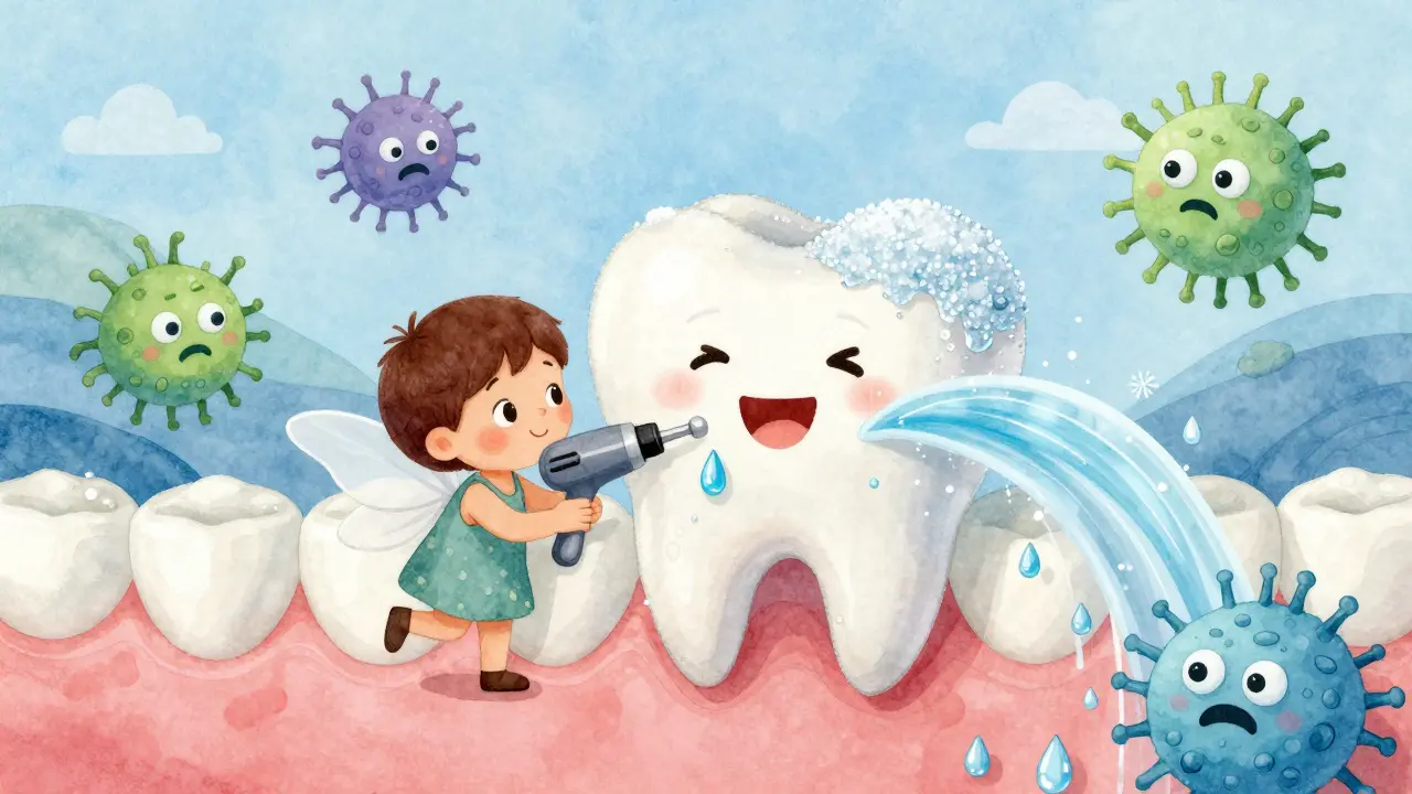 Dítě si představuje zubní vrták jako kouzelnou hůlku, která čistí zubní špínu v podobě kapek vody.