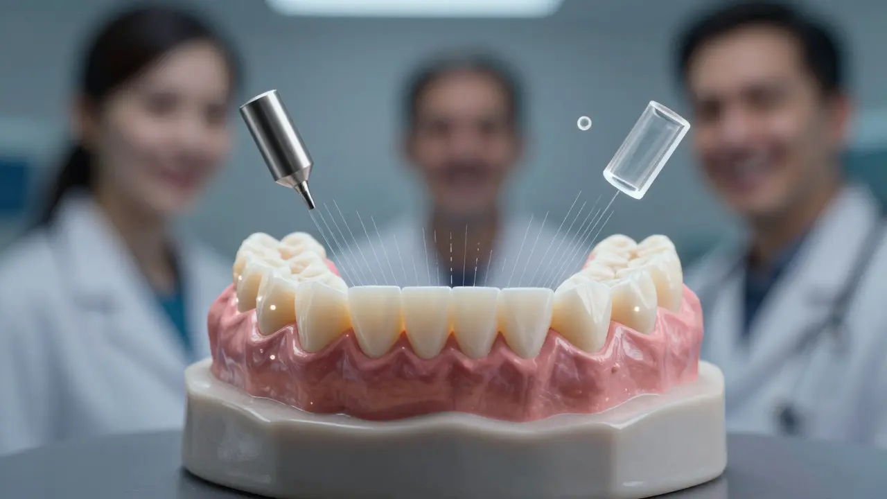 Dokonalá přesnost zubní protézy vystupuje na modelu čelisti s materiály.