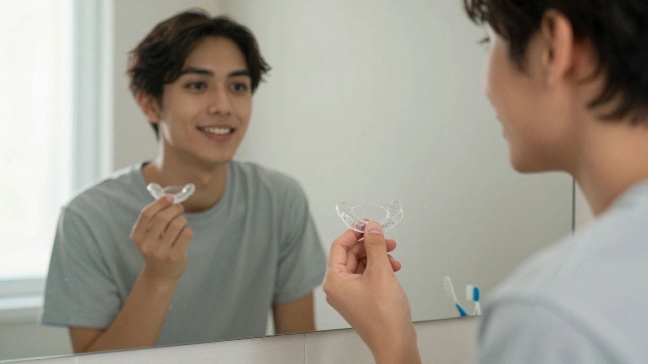 Dospělý muž hledí do zrcadla, drží retenční placku, jeho úsměv je přímý.