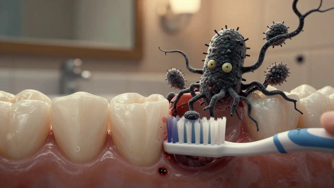 Ilustrace zubního kartáčku, který nedosáhne na plak mezi zuby, kde se šíří bakterie.
