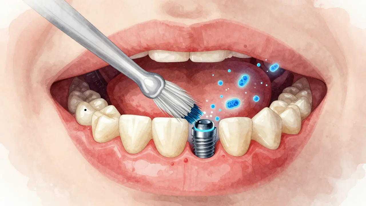 Jednosvazkový kartáček odstraňuje bakterie kolem zubního implantátu.
