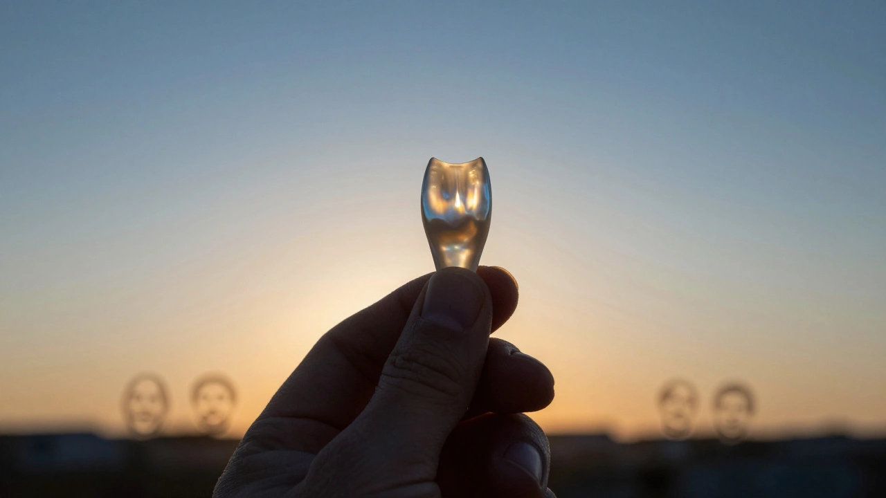 Keramická fazeta září v záři západu slunce, symbolizující přeměnu úsměvu.