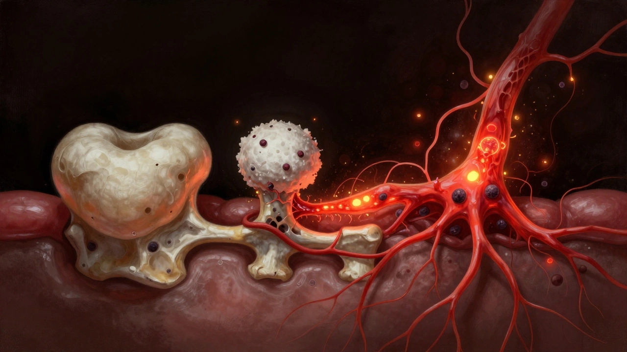 Koncepční obrázek infekce po vytržení zubu: zdravá sraženina, rozpad a šíření bakterií do kosti.