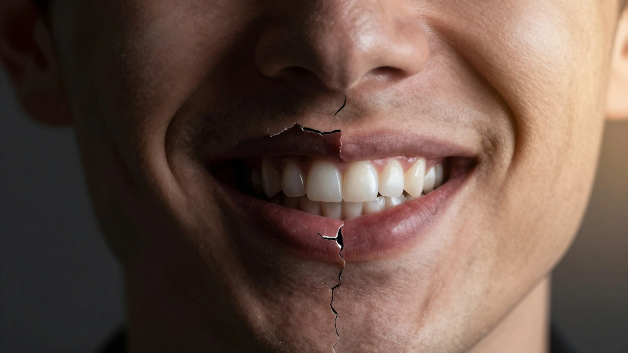 Kontrast mezi poškozeným zubem a jeho obnovou celokeramickou korunkou v úsměvu.