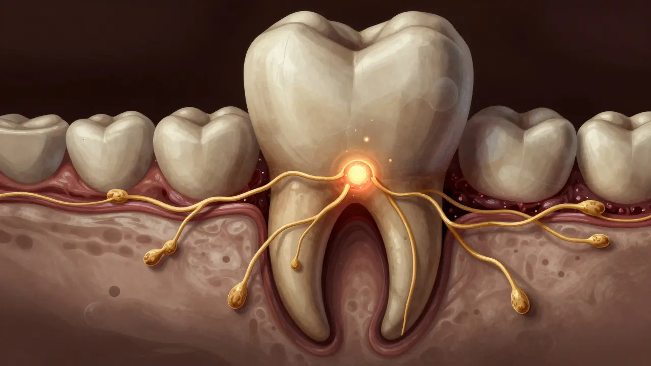 Kořen zubu pronikající do čelisti s šířící se infekcí.