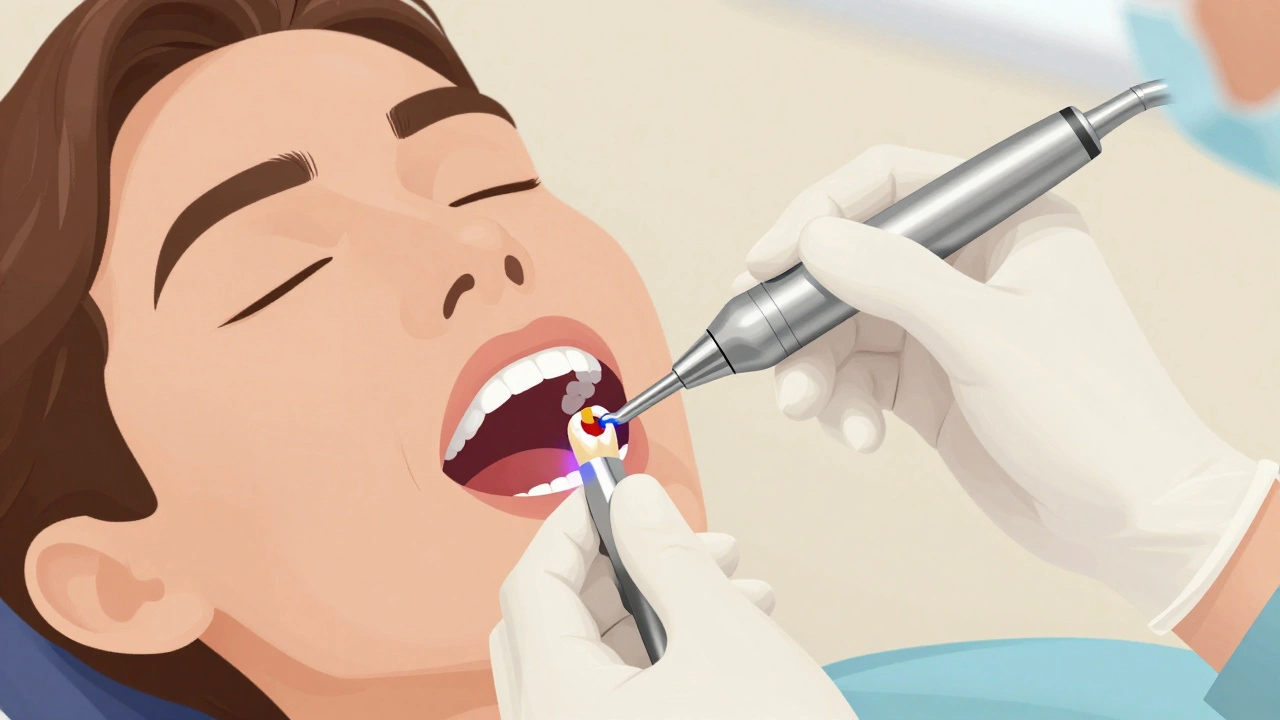 Lékař odstraňuje kaz mezi zuby a vkládá kompozitní plombu pomocí vrtáku a světelné lampy.