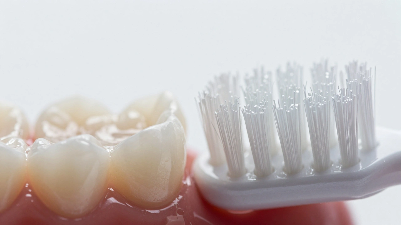 Makrofoto jemných štětin Curaprox oproti běžným nylonovým štětinám na povrchu zubu.