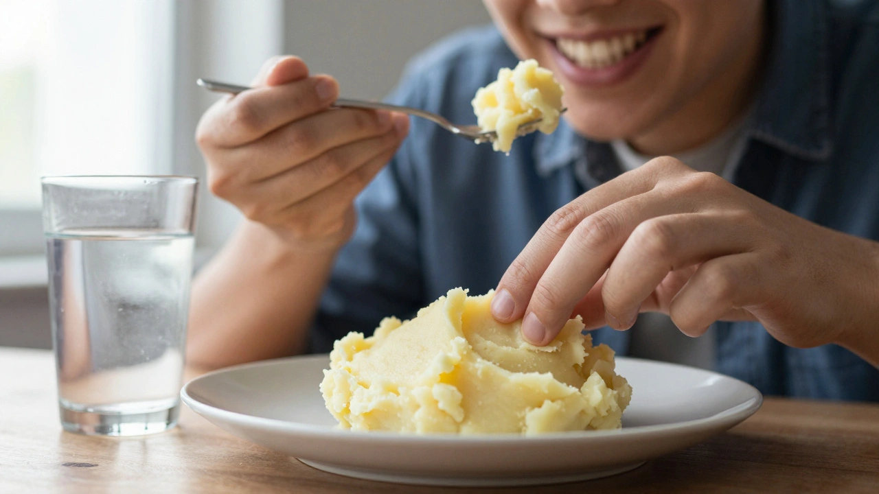 Měkká jídla na talíři vedle osoby, která klidně jí s novým chrupem.