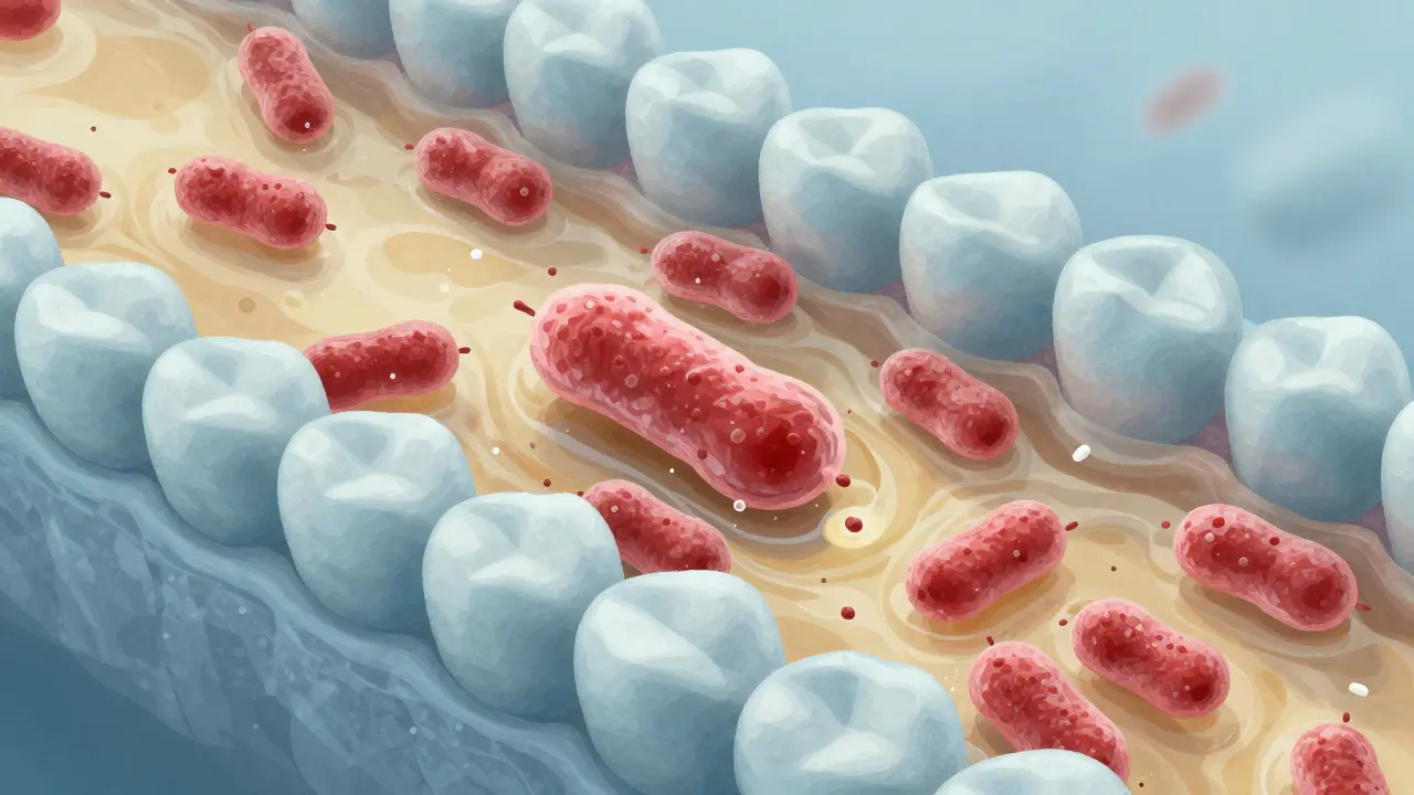 Mikroskopický pohled na bakterie, které produkují kyselinu a rozkládají zubní sklovinu.