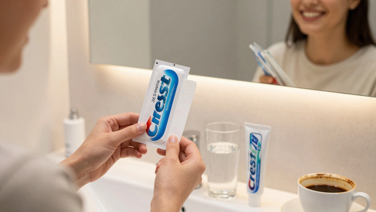 Osoba se smíchem v zrcadle po použití bělicích pásek, na stole voda, zubní pasta a káva.