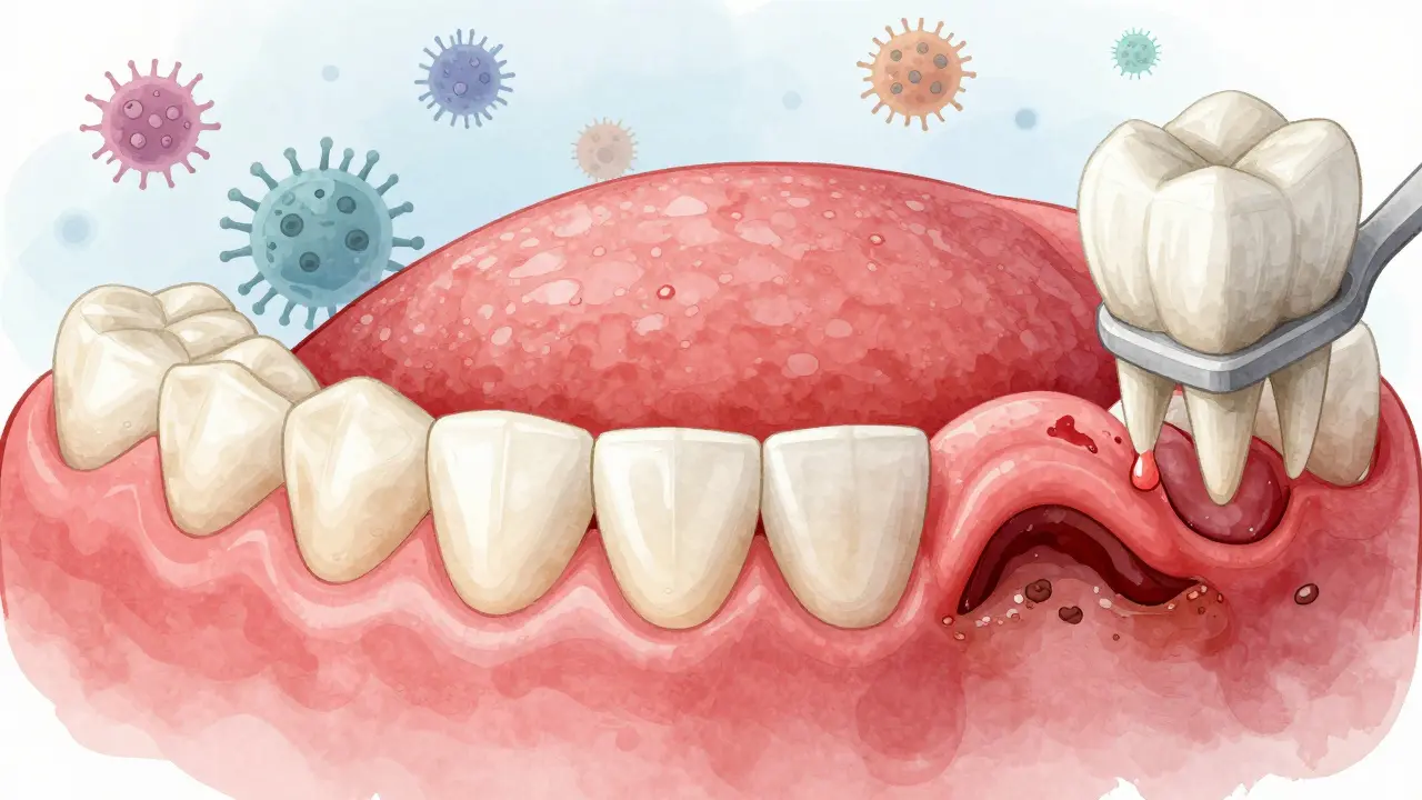 Porovnání zdravých a zánětlivých dásní: na jedné straně růžové a pevné, na druhé červené a oteklé s náznakem kamenů.