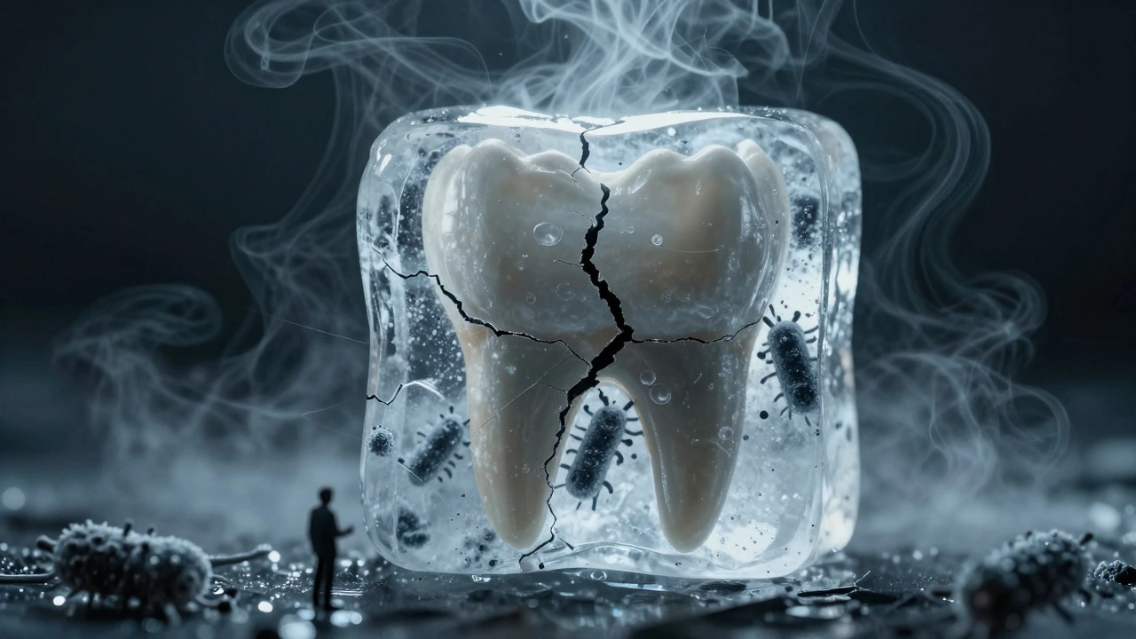 Přední zuby v ledové kostce s bakteriemi, které pronikají trhlinou, symbolizující skrytý kaz.