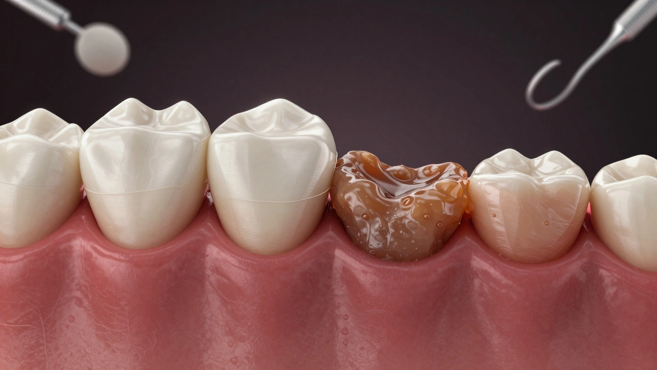 Přeměna plaku na zubní kámen: od tenké vrstvy bakterií k tvrdému nánosu podél dásní.