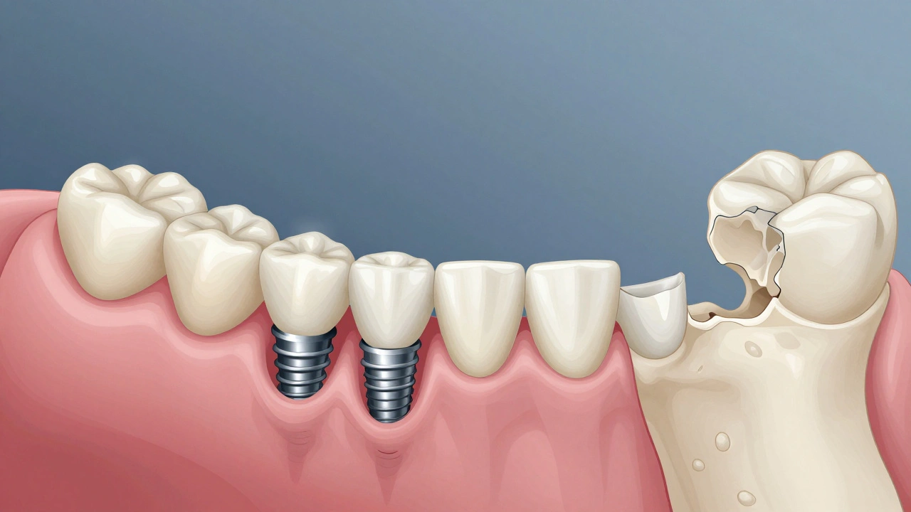 Řez čelistí s implantacemi a zdravou kostí vedle degenerované kosti.