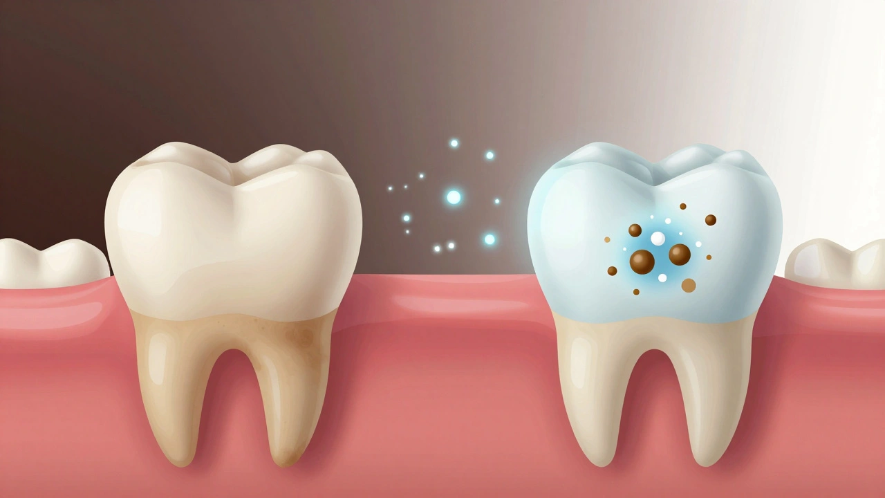 Rozdělený zub: jedna polovina s tmavými skvrnami, druhá s rozloženými pigmenty uvnitř skloviny.