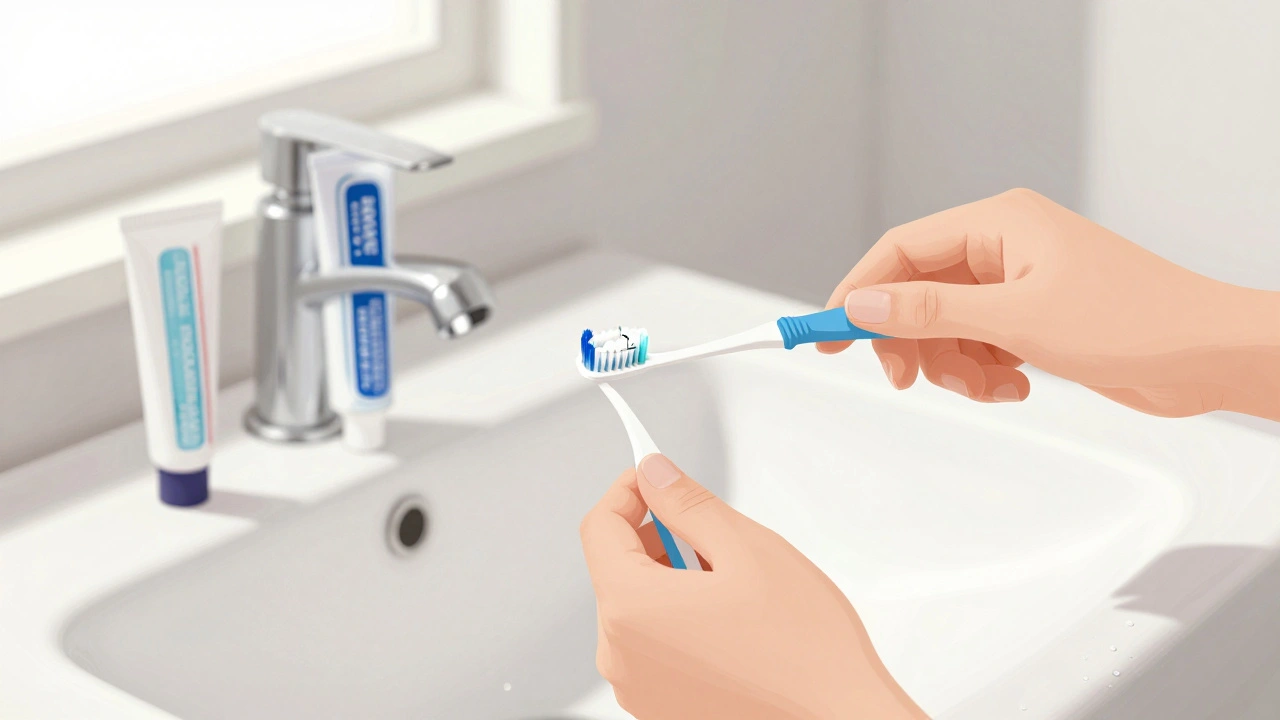 Ruka čistí zuby interdentalním kartáčkem pod dráty rovnátek