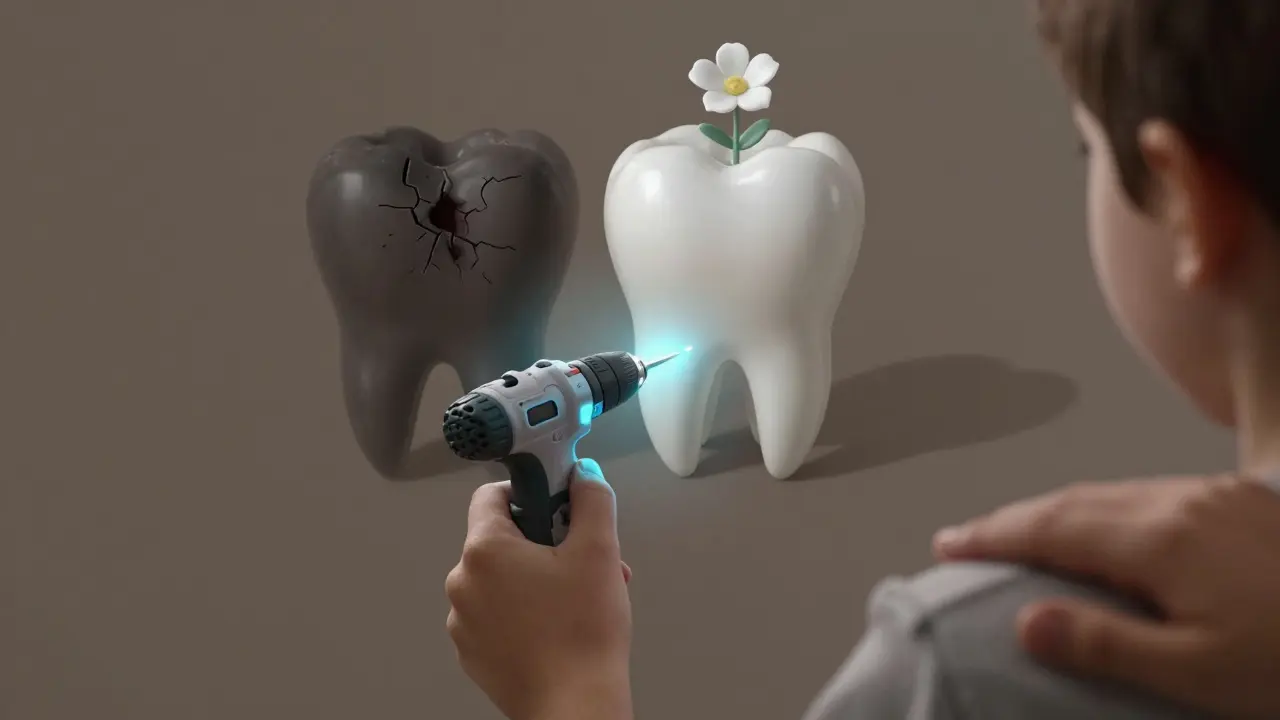 Ruka dítěte drží hračku a skutečný zubní nástroj, za nimiž se zobrazuje zdravý a poškozený zub.