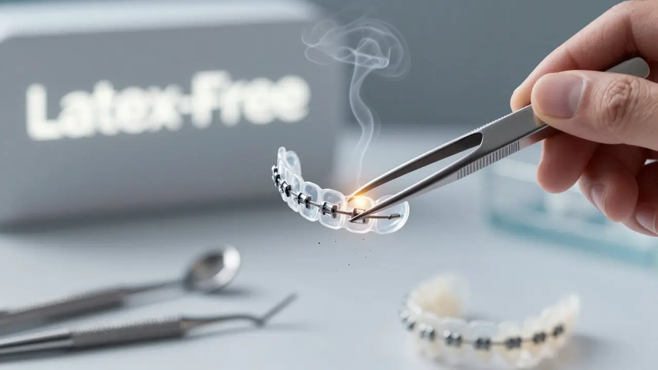 Ruka pomocí pinzety vkládá latexovou gumičku do rovnátek, alergény mizí.