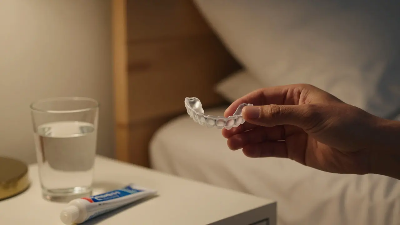 Ruka vkládá noční štít do úst v tiché spalně.