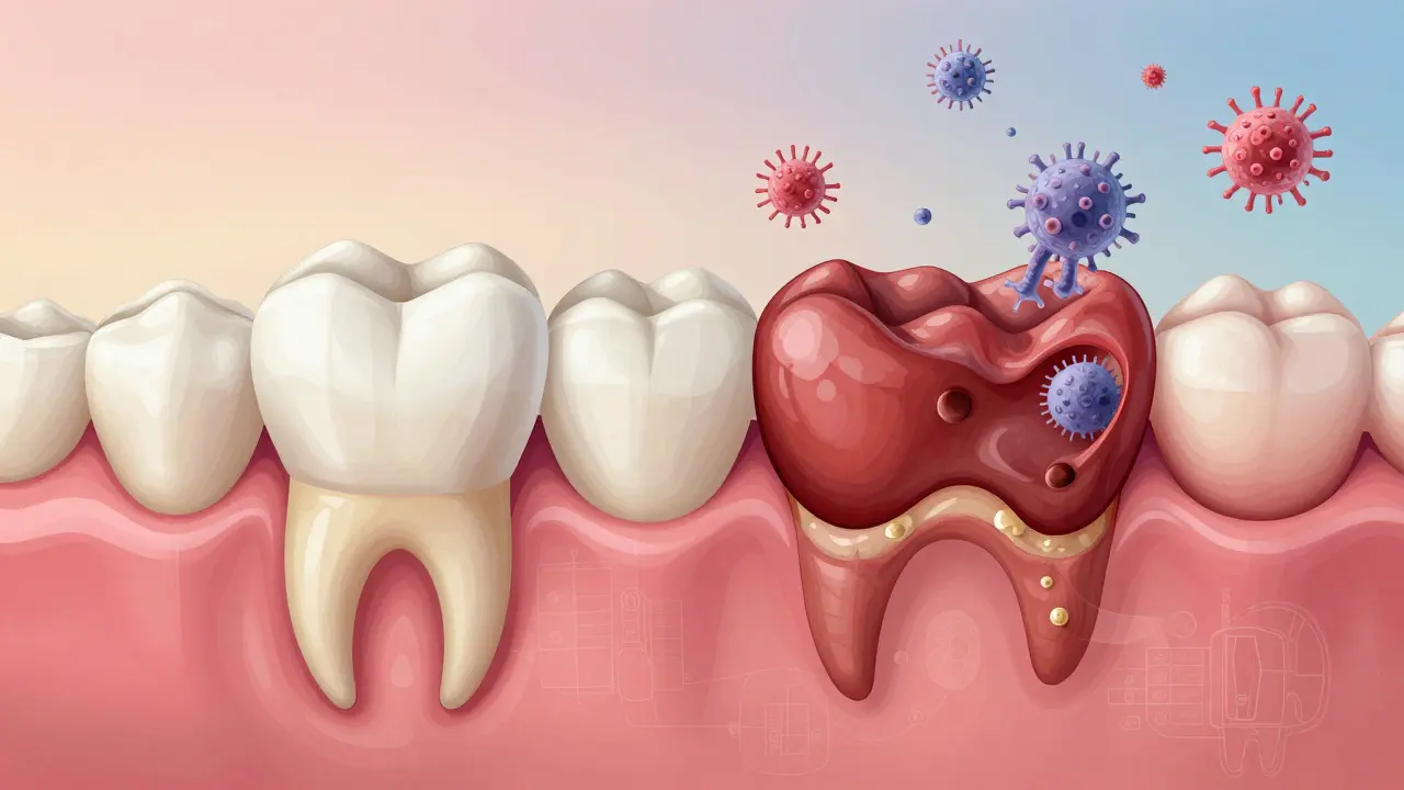 Srovnání zdravé a zánětlivé dásně s viditelným zubním kamenem a infikovanými prohlubněmi.
